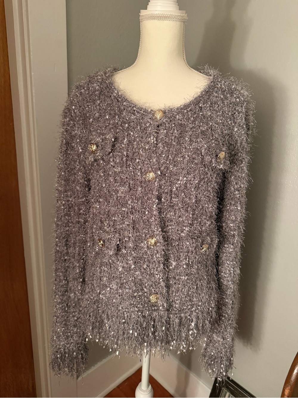 metallic Gray Women's Button-Front Sweater  Cardigan with fringe